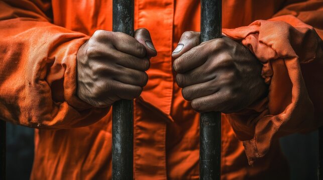A prisoner wearing an orange jumpsuit is gripping the jail bars tightly with their hands