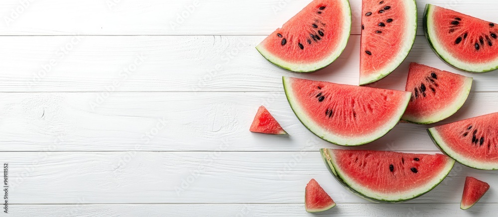 Leinwandbilder watermelon slices on a white wooden background. with copy space image. place for adding text or desi
