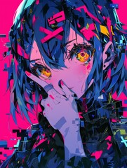 Anime Girl with Blue Hair and Yellow Eyes. generative ai illustration.