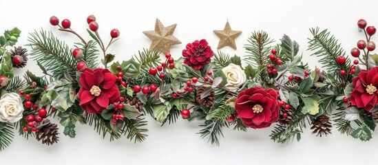 Christmas decorations on a white backdrop rose hips stars and fir branches. with copy space image. Place for adding text or design