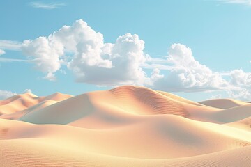 abstract simple panoramic background. Desert landscape with sand dunes under the blue sky with white clouds. Modern minimal aesthetic wallpaper