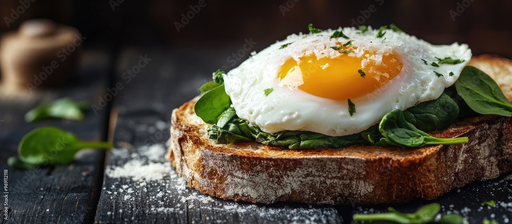 Aufkleber breakfast toasted bread topped with spinach a poached egg and parmesan cheese set against a black wo