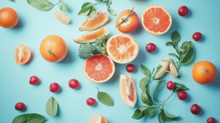 Citrus fruits, tomatoes, and plums on blue background