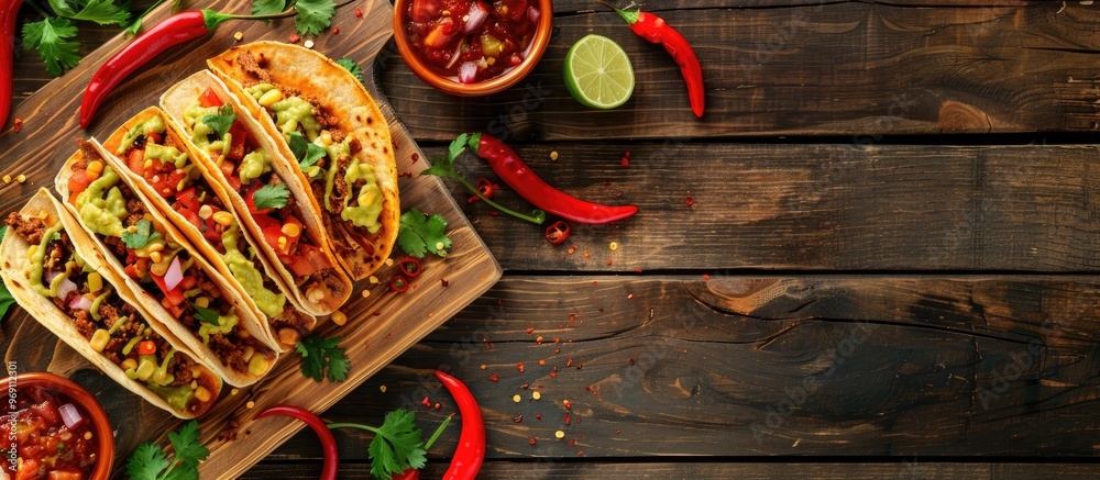 Poster Flat lay arrangement featuring tasty tacos on a wooden table with room for text. with copy space image. Place for adding text or design