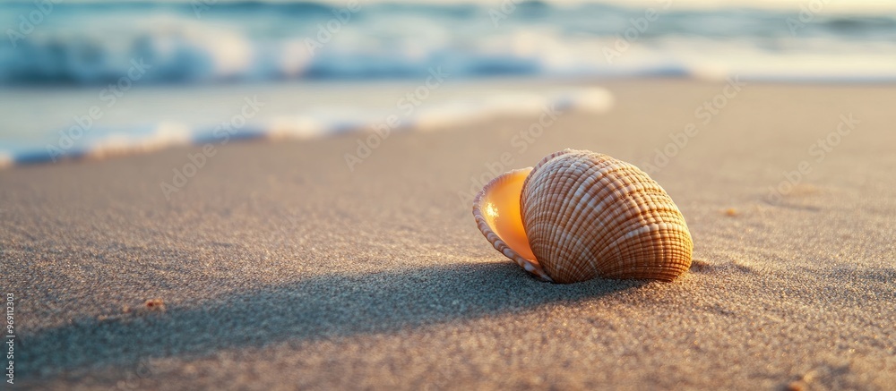 Poster shell on a sandy beach. with copy space image. Place for adding text or design