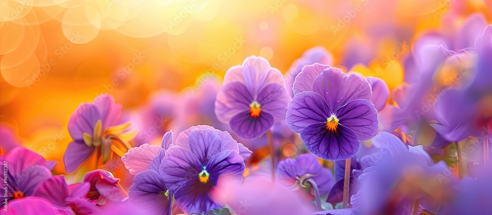 Poster beautiful violet flower against a yellow background toned image natural spring art backdrop selectiv