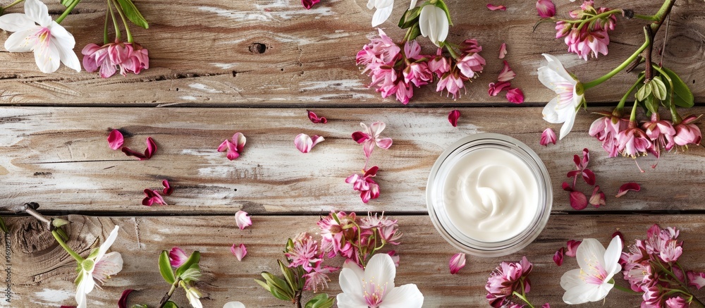 Poster cosmetic cream with white flowers on a light wooden table. with copy space image. place for adding t