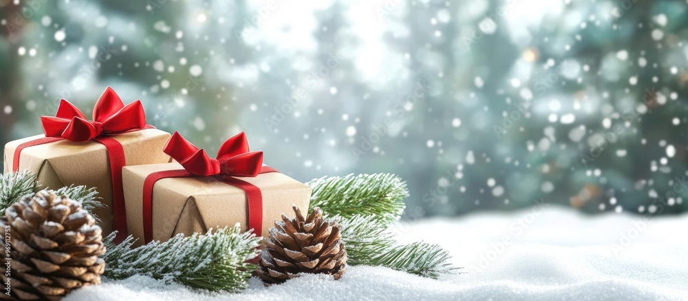 Fototapete christmas gifts and snow covered cones with blank space for text. with copy space image. place for a