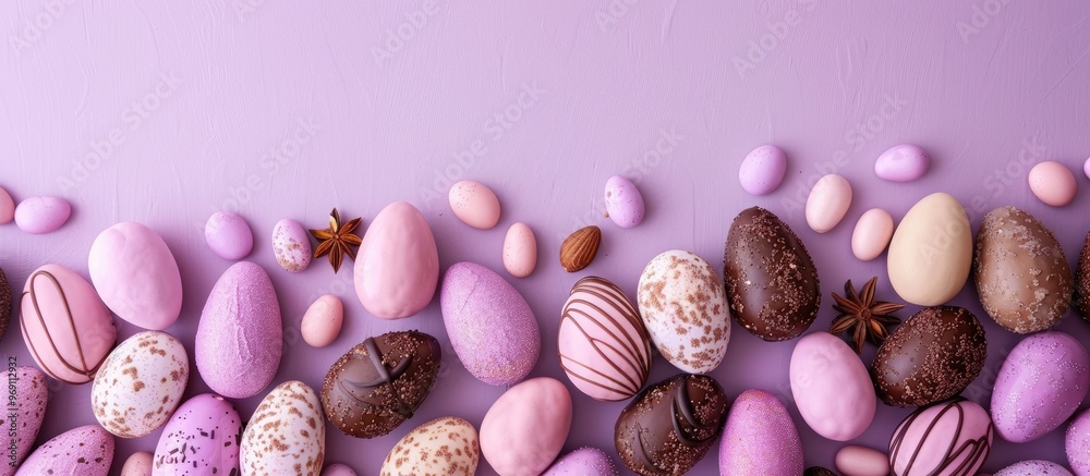 Poster Tasty chocolate eggs on a purple backdrop. with copy space image. Place for adding text or design