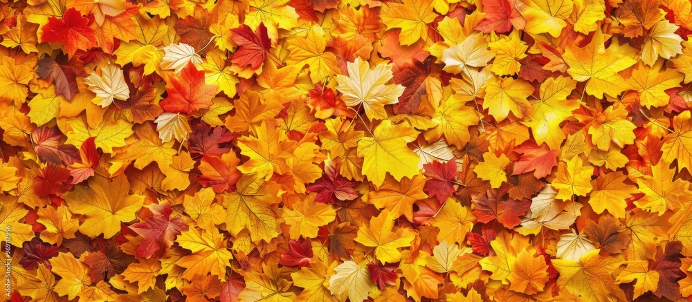 Poster Colorful autumn background pattern vibrant carpet of fallen leaves in the forest. with copy space image. Place for adding text or design
