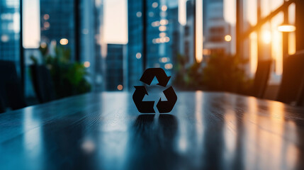 A bold circular economy icon with crisp lines, positioned on a blurred background of a corporate boardroom, symbolizing sustainable business practices.