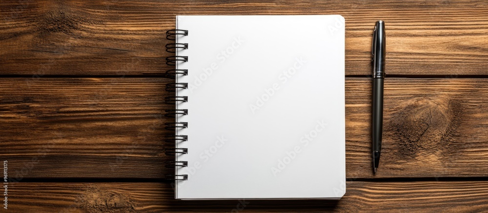 Poster Conceptual Open Spiral Graphing Notebook and Pen on a Brown Wooden Table with Copyspace for Text