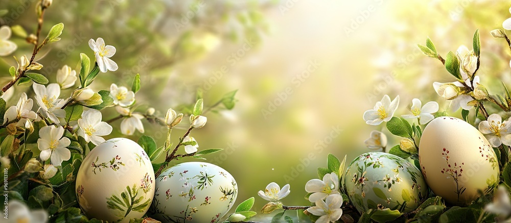 Leinwandbilder easter background featuring easter eggs and spring flowers. with copy space image. place for adding 