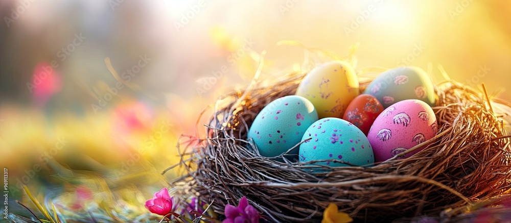 Leinwandbilder Nest with lovely Easter eggs on a colorful background. with copy space image. Place for adding text or design
