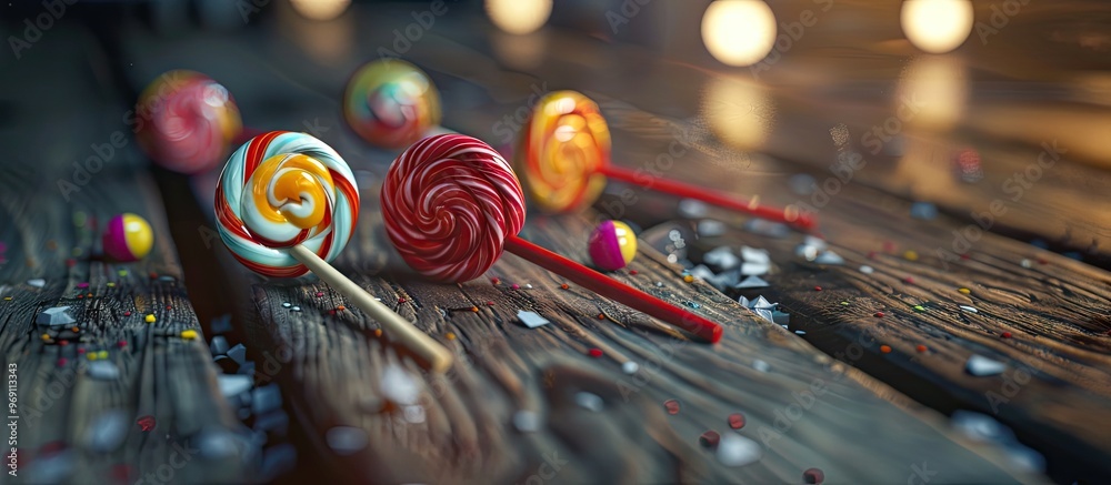 Aufkleber lollipops with sugary treats on the wooden table. with copy space image. place for adding text or de