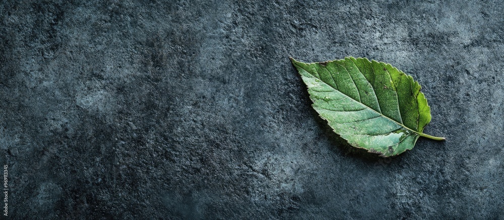 Poster green plant leaf on a dark concrete surface flat lay top view minimalist design template with copysp