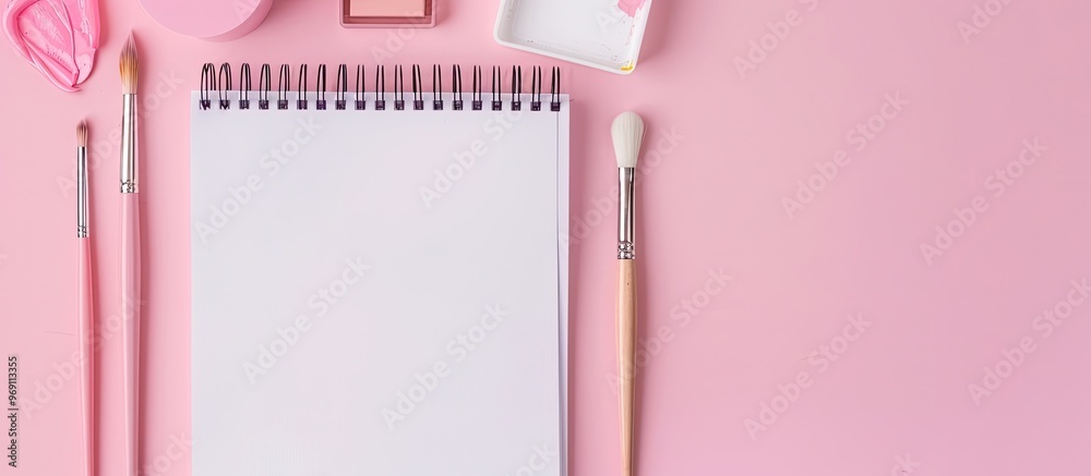 Poster A tidy white notebook and brushes on a pink backdrop with room for a copy Layout mockup area for text and drawing Top view