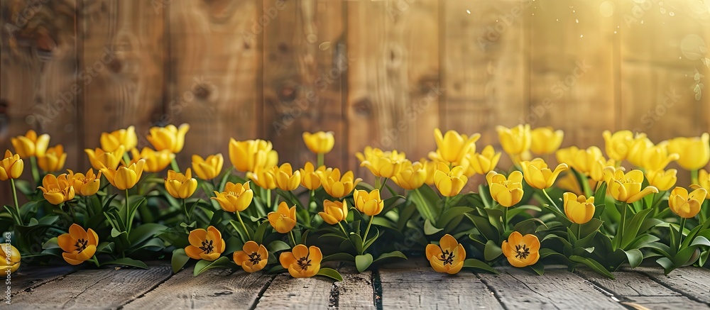 Poster a bouquet of yellow tulips with garlands on a white wooden board backdrop. with copy space image. pl