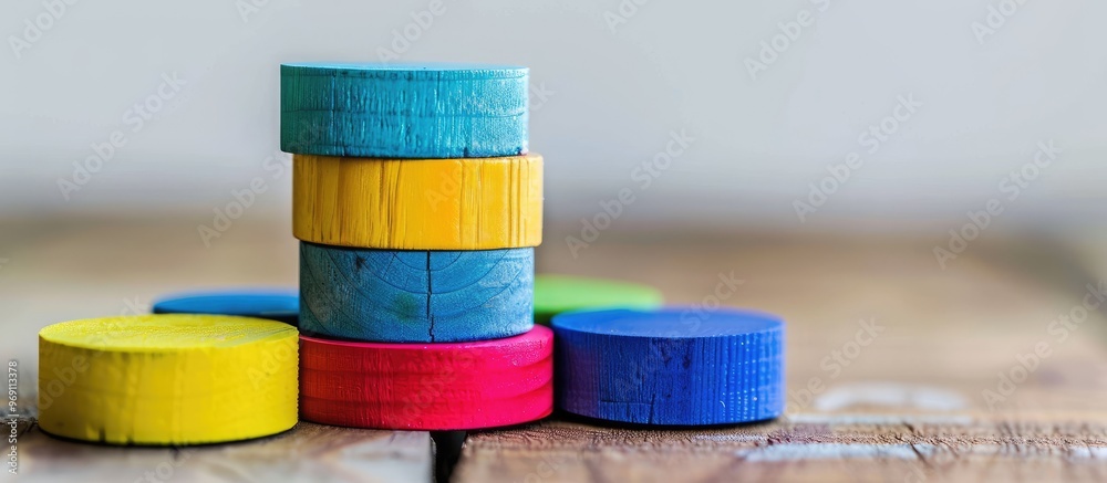 Poster a variety of wooden shapes and colors stacked together isolated on a white background with a slightl