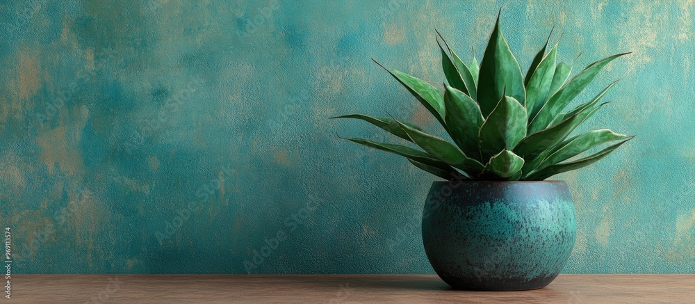 Aufkleber a green agave plant placed in a ceramic pot next to a wall. with copy space image. place for adding 