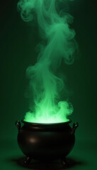 A witch’s cauldron bubbling with green smoke on a solid dark green background, with a large area for sale text in the center