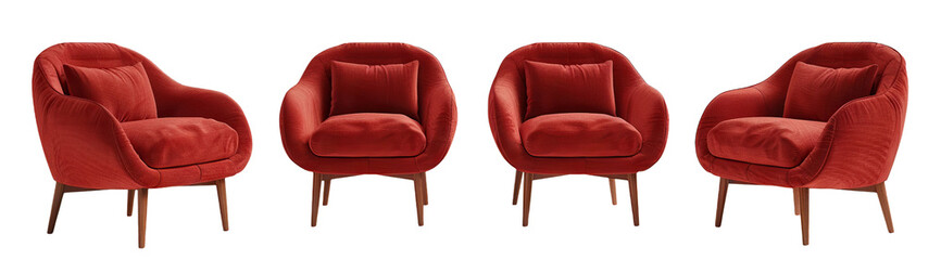 Set of modern red armchairs with soft cushions, cut out