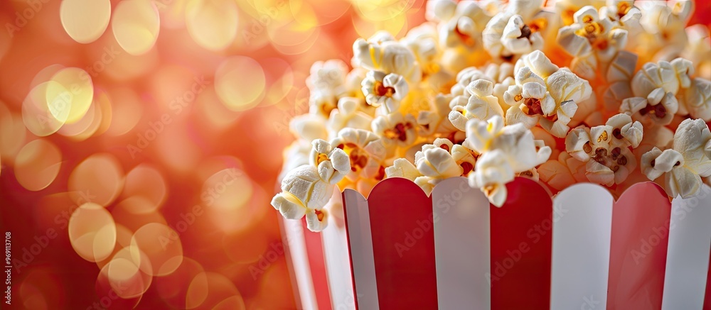 Poster Popcorn in a red and white striped cardboard bucket set against a white background. with copy space image. Place for adding text or design