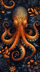 Fototapeta premium illustration of a beautiful octopus surrounded by abstract orange and blue flowers on a black background