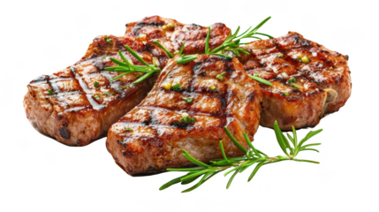 Grilled meat with herbs showcases delicious and appetizing presentation. juicy steaks are perfectly cooked, garnished with fresh rosemary, making it an ideal dish for meat lovers. 