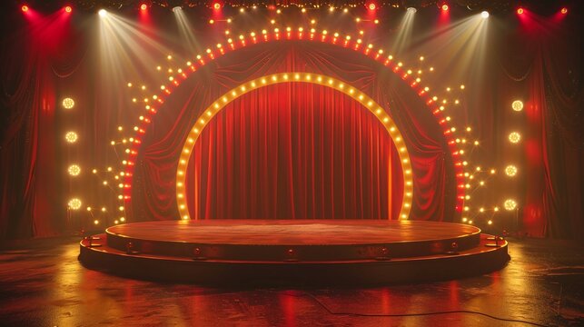 ringmaster&rsquo;s stage with a 3d circus podium, vintage bulbs, and spotlight on a red curtain background perfect for party displays and cartoon-themed events