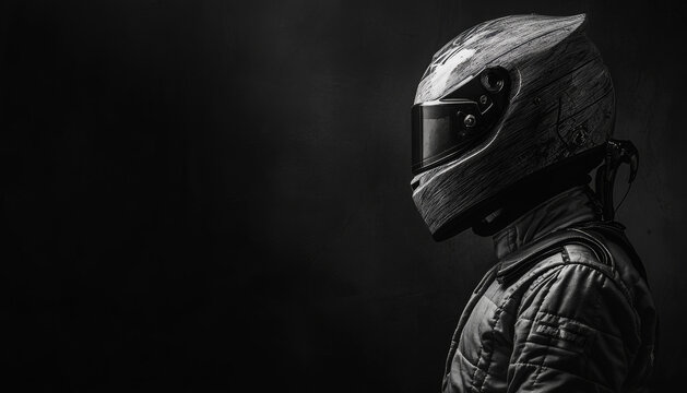 A striking black and white portrait of a race car driver wearing a helmet and racing suit, with a dramatic, moody background.
