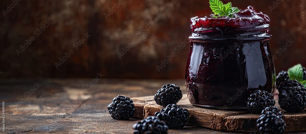 Poster blackberry jam freshly made blackberry jam area for text. with copy space image. place for adding te