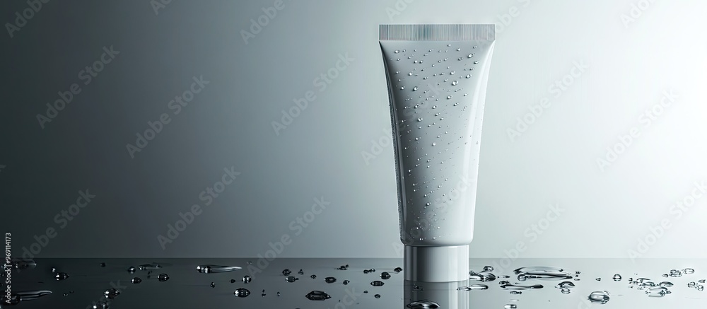 Poster Moisturizing cream in a tube placed on glass with water droplets against a gray background. with copy space image. Place for adding text or design