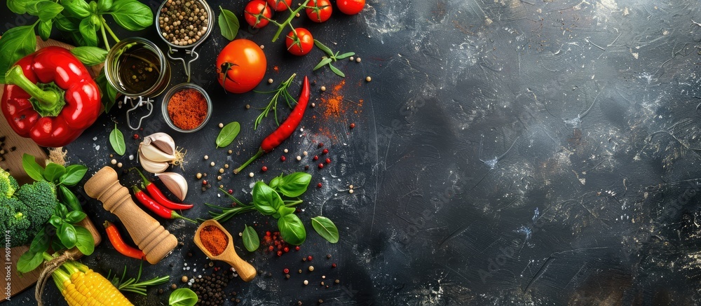 Poster Cooking banner Kitchen board with vegetables and spices Set against a black stone background Top view. with copy space image. Place for adding text or design