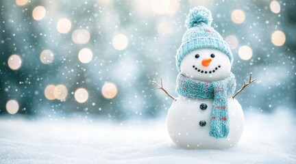 Fototapeta premium Smiling snowman in winter snowfall with scarf, standing in the snow with bokeh lights in the background.
