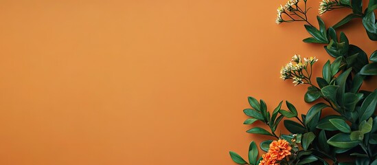 Orange paper backdrop featuring a flower arrangement in the bottom right corner accompanied by green aromatic herb leaves and a small flower Copy space available above serving as decorative wallpaper