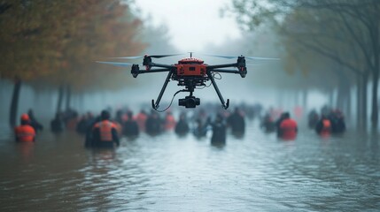 Autonomous flying AI-controlled emergency rescue drones saving people from floods: Drones lifting people to safety during a natural disaster.