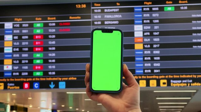 Tourist checking schedule table at the airport terminal and using phone application. Hands with green screen. Close-up technology concept.