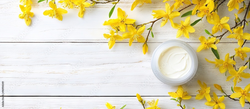 Poster Jar of moisturizer cream with yellow forsythia flowers on a white wooden background Top view. with copy space image. Place for adding text or design