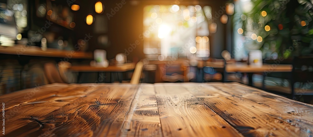 Poster selected focus on an empty brown wooden table with a blurred background of a coffee shop or restaura