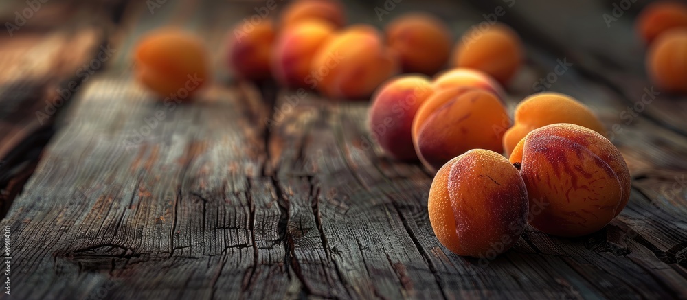 Fototapete selective focus on ripe apricots placed on a wooden table. with copy space image. place for adding t