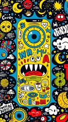 Fototapeta premium wallpaper created with cartoon monsters and graphic patterns