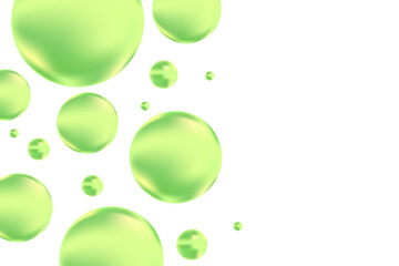 Glowing lime green 3D liquid bubbles or fluid jelly droplets isolated on transparent background. Aesthetic fresh composition for cosmetology, beauty science, skin care molecular concept.