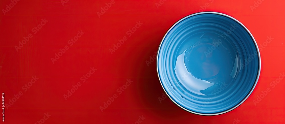 Aufkleber Top view of a blue empty bowl against a red background. with copy space image. Place for adding text or design