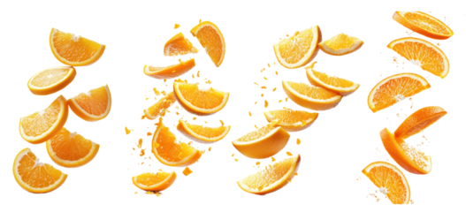 Floating orange slices falling, isolated on transparent background, fresh citrus in motion