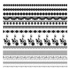 A collection of lace pattern elements for decorating clothes, shoes, and bags. Decorative tapes and borders, featuring black lace, repeating lace patterns.