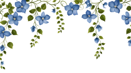 Delicate Blue Floral Vines Embroidered Isolated on Transparent Background

