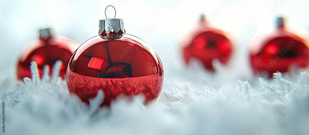 Aufkleber red glass christmas ornaments on a white fluffy background. with copy space image. place for adding 