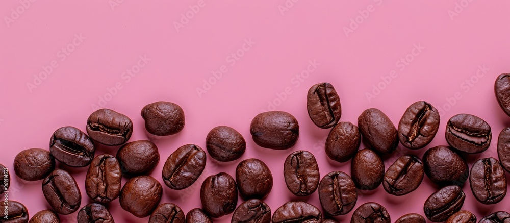 Poster roasted and fragrant coffee beans on a pink colored surface as the background top view with copy spa