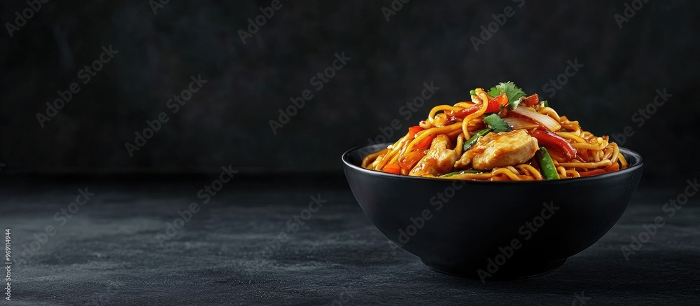 Poster chicken schezwan noodles also known as hakka or chow mein are presented in a black bowl against a da